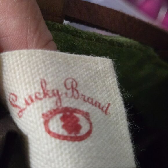 Lucky Brand Green Suede Brown Leather Trim Hobo Bucket Shoulder Bag 19"x14"x4" - Picture 12 of 13